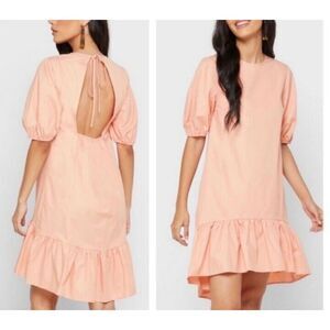 Topshop Poplin Ruffle‎ Peach Hi-Low Hem Puff Sleeve Back Cutout Mini Dress 8